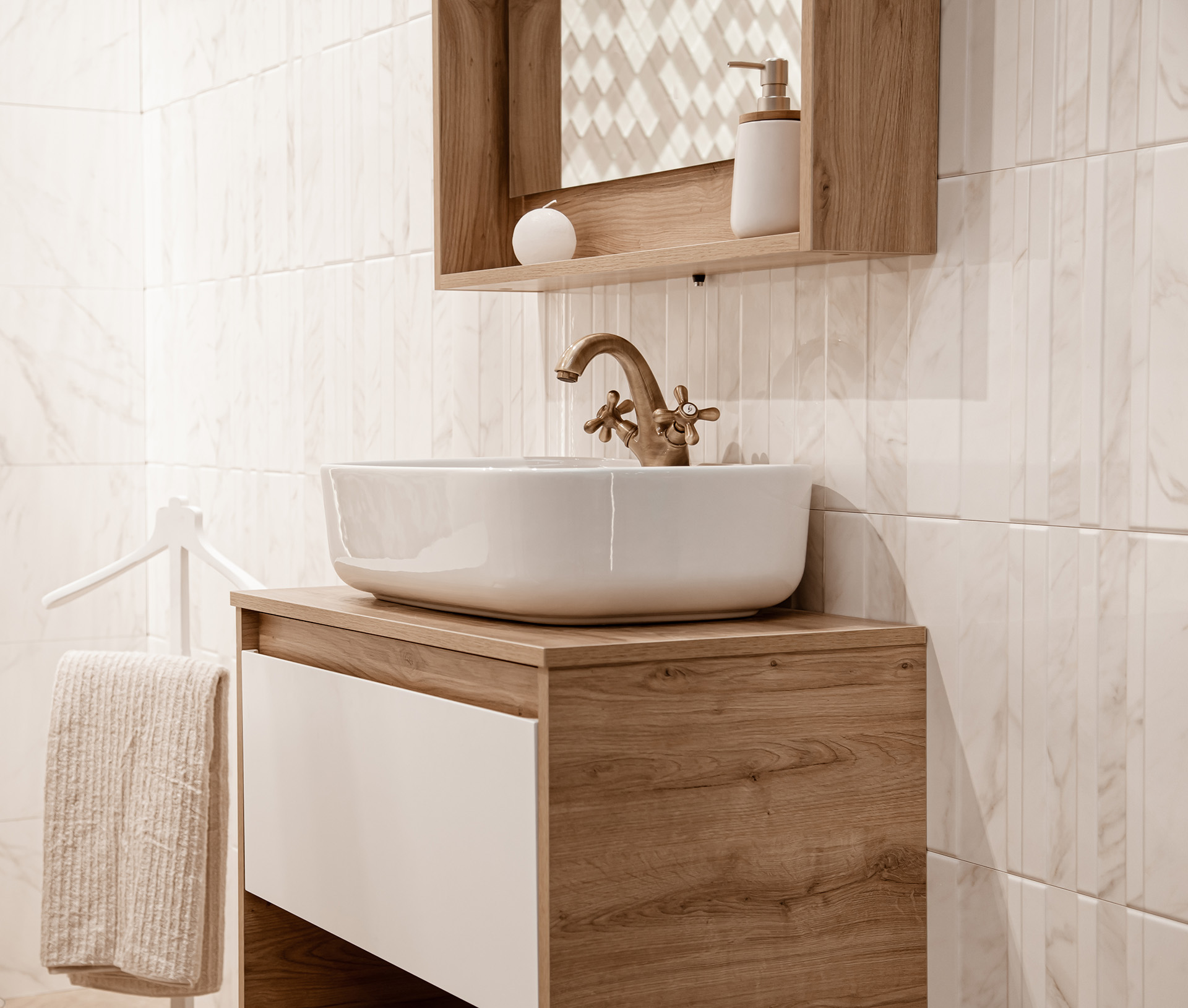 cozy interior of a bathroom with a beautiful sink