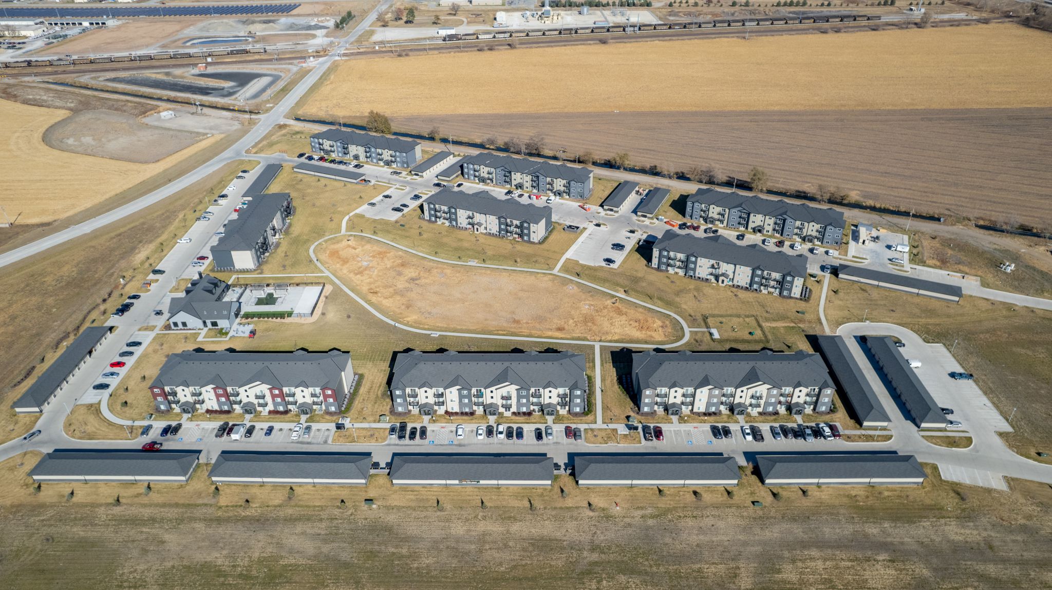 aerial shot of fremont commons in fremont, nebraska, as a commercial roofing project by nastase contracting in Omaha