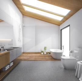 skylight wood roof with modern design bathroom and toilet